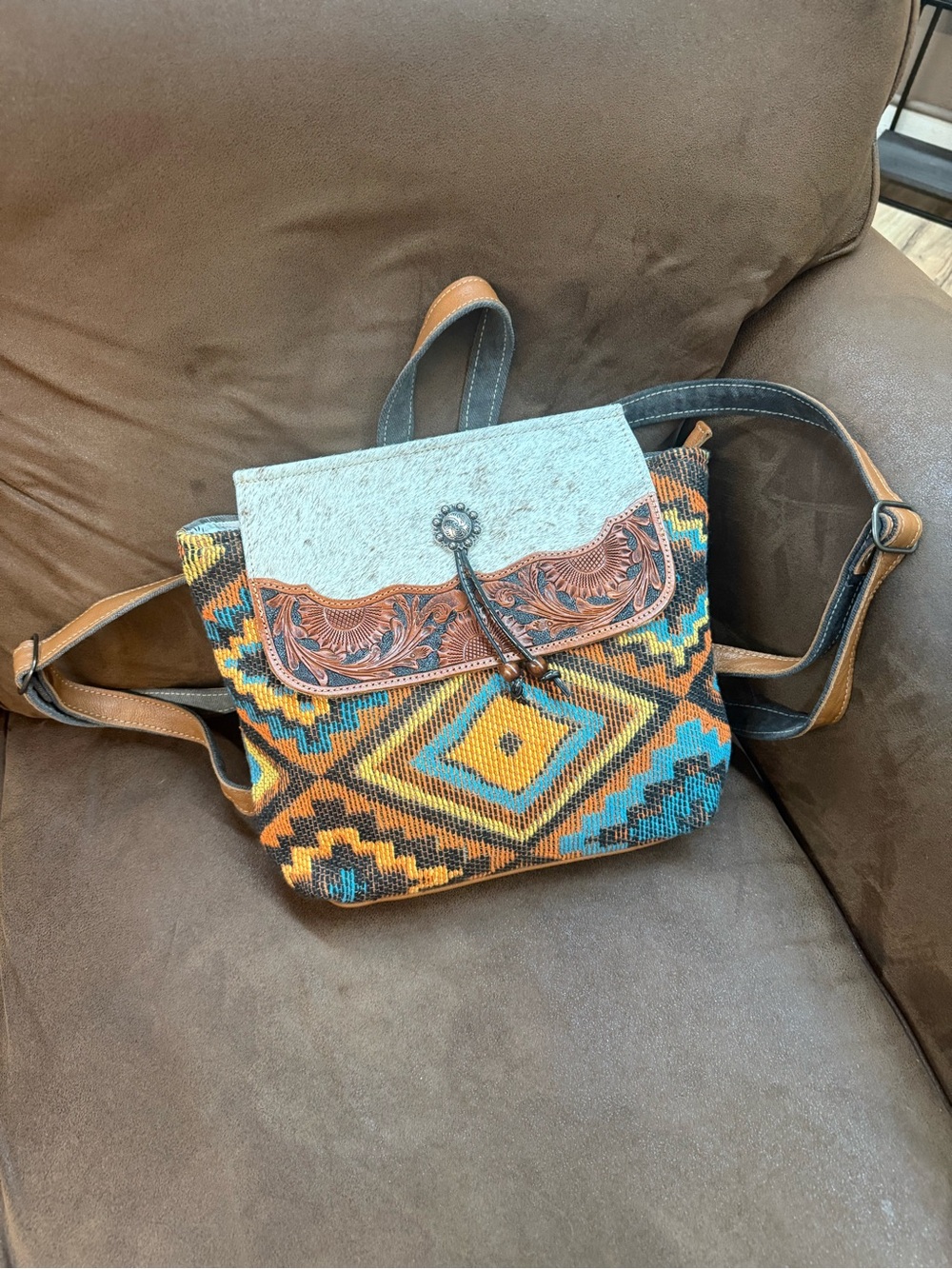 Boho Aztec Pattern Crossbody Backpack - Multi-Color with Tooled Leather Accents